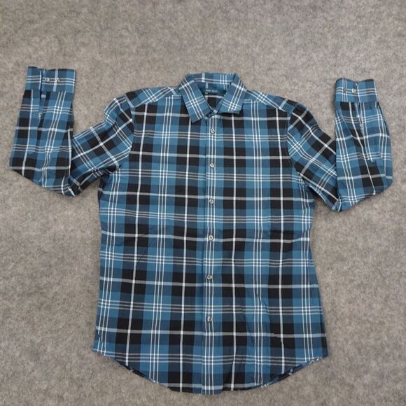 Perry Ellis Button Up Shirt Mens Medium Blue Regular Fit Plaid White Navy‎ - Picture 1 of 11